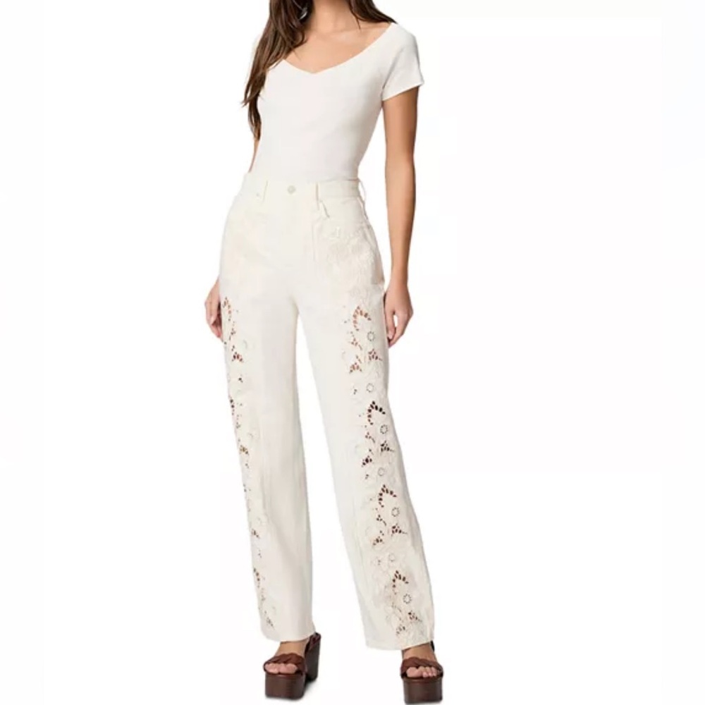 PAIGE Sawyer High Rise Wide Leg Jeans in Tonal Ecru Embroidered Size 24